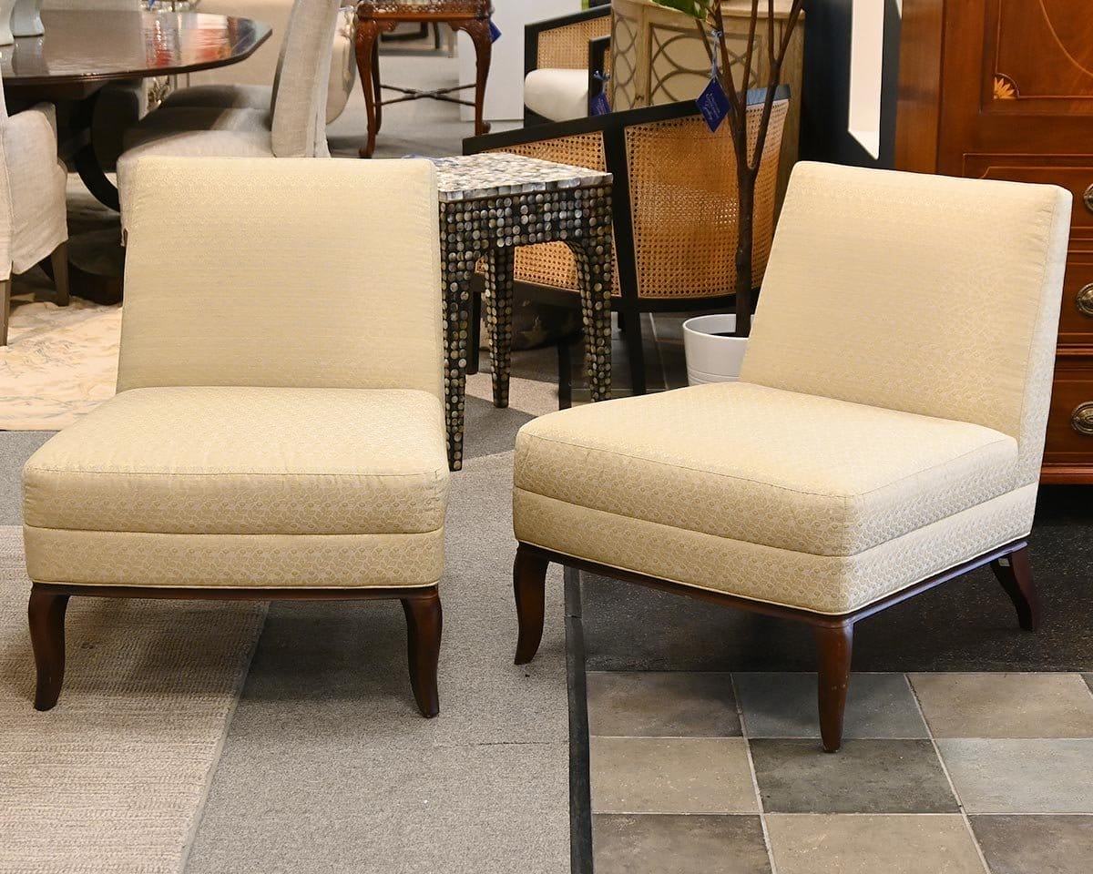  Pair of Baker Slipper Chairs in Buttercup Floral Fabric on Curved Mahogany Legs 