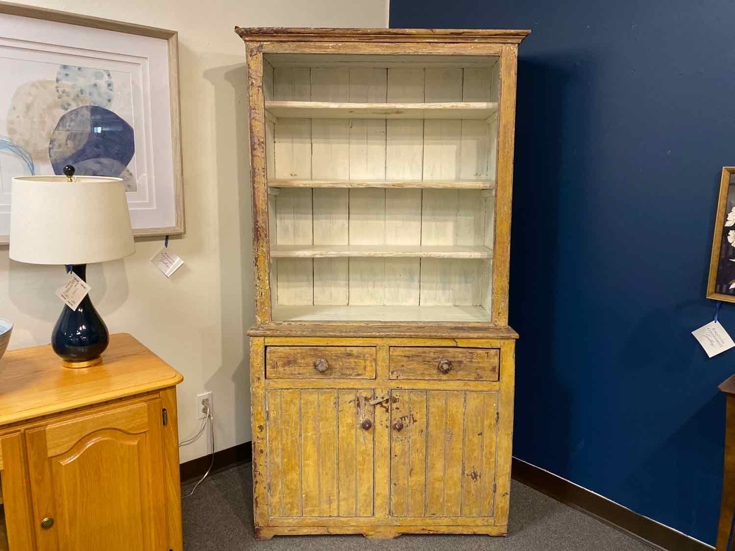 Distressed Vintage Step Back Hutch in Mustard