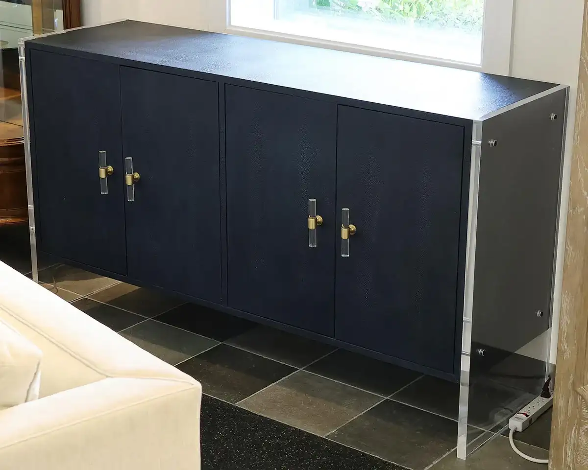 Worlds Away Gordon Credenza in Navy Shagreen with Lucite Sides & Pulls