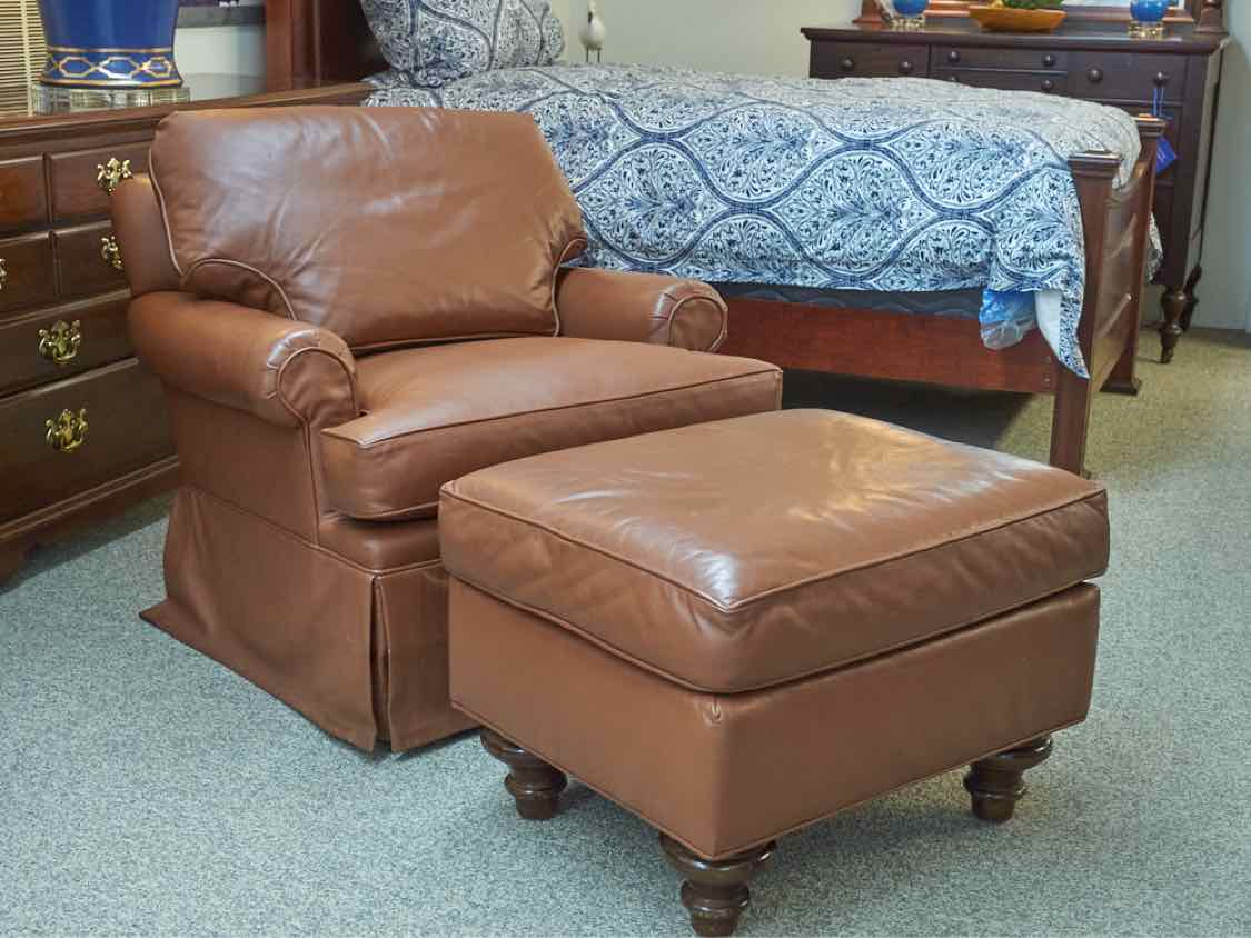 Roll Arm Swivel Chair & Ottoman in Camel Faux Leather