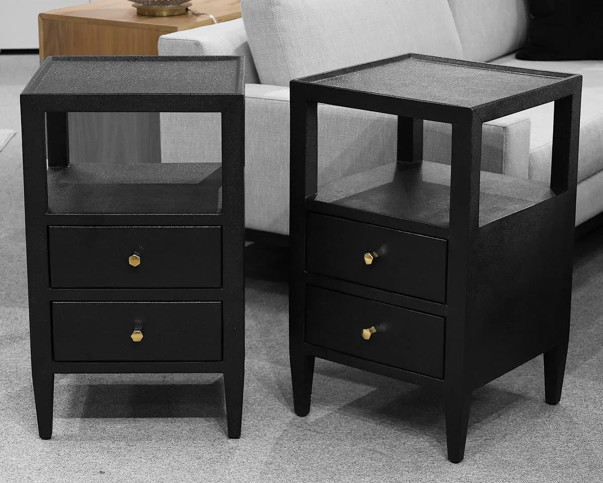 Pair Of Made Goods ' Jarin' Black Wrapped Linen 2 Drawer Nightstands