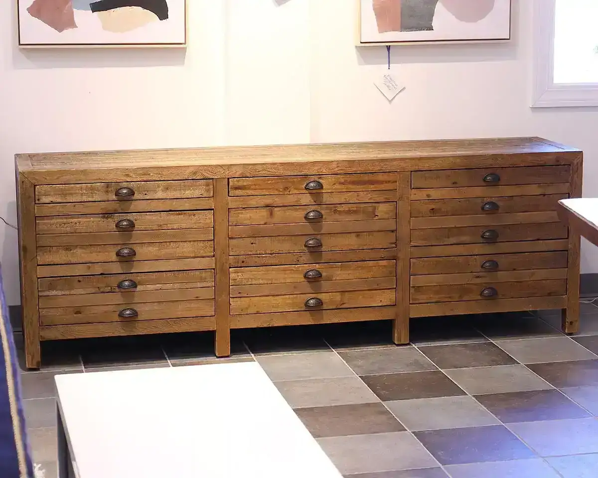  RH Media Furniture with 6 Drawers & 3 Dropdown Drawers in Weathered Finish 