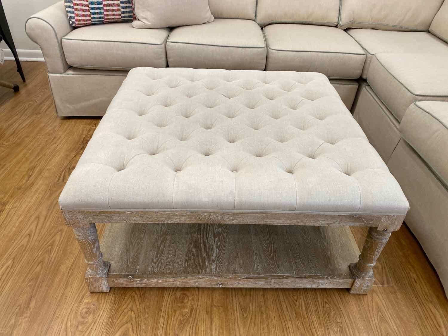 Washed Wood Ottoman with Tufted Upholstered Top