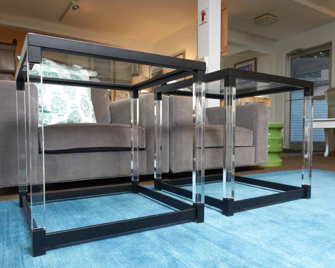  Pair Of Ashley Furniture Black Metal & Lucite Glass Insert Top Side Tables 