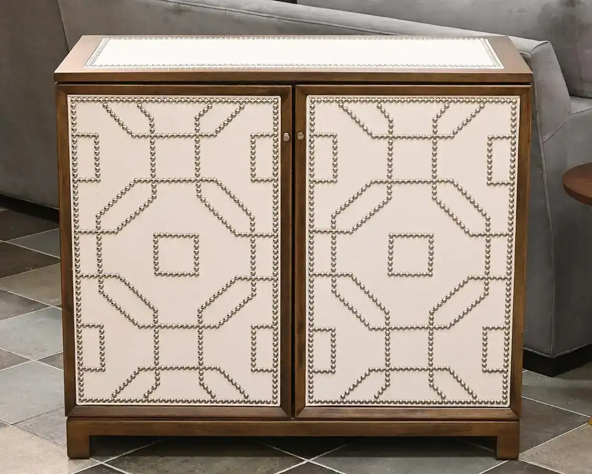  Kravet Accent Chest in Walnut and Linen with Silver Nailhead Trim 