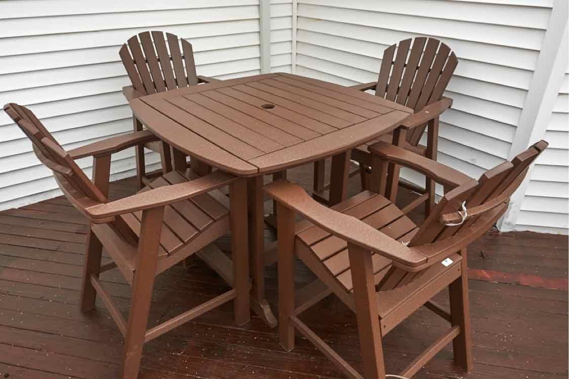 Seaside Casual Shell back Recycled Plastic Adirondack Pub Outdoor Dining Set