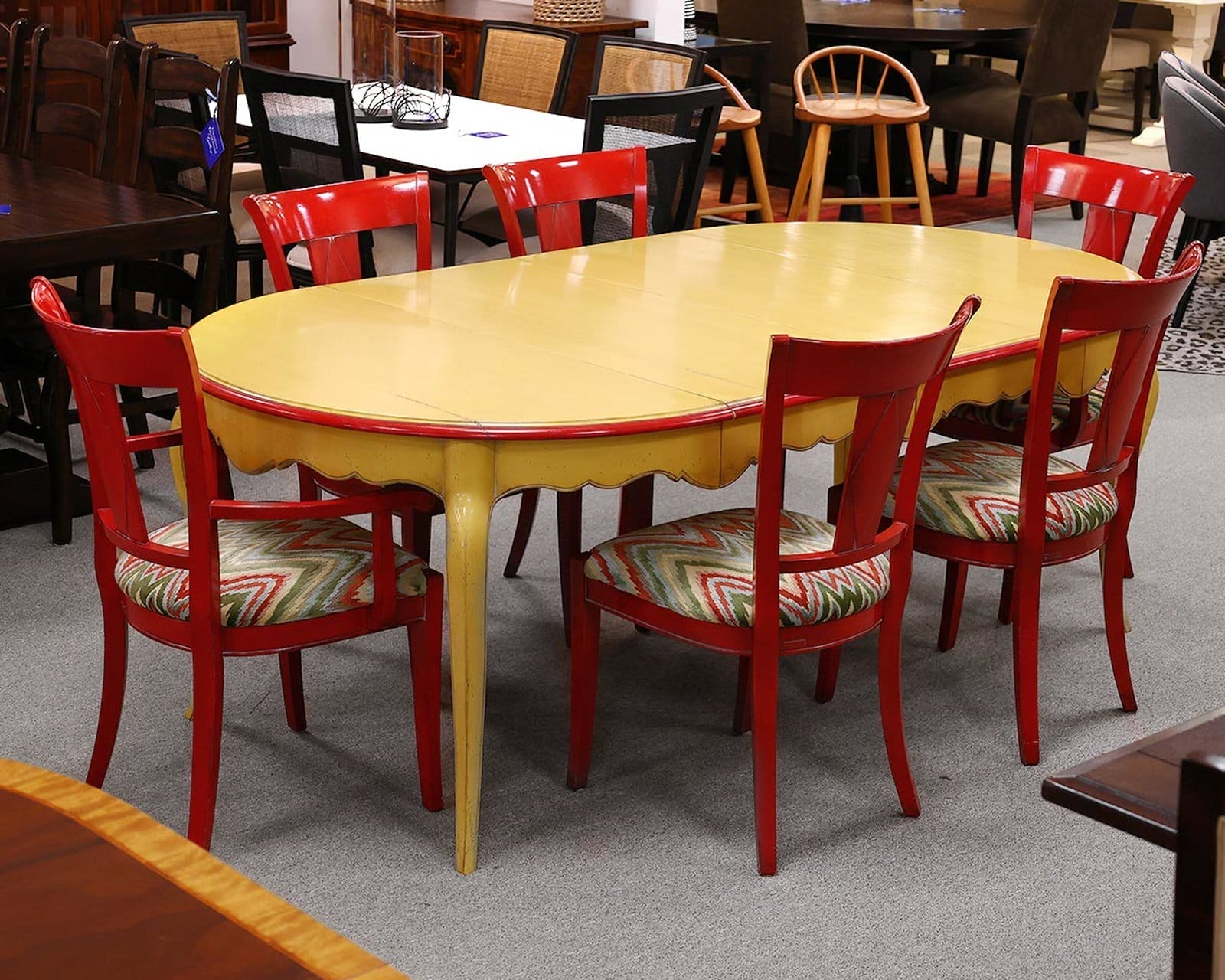 Grange French Dining Table & Set of 6 Chairs in Ochre and Red