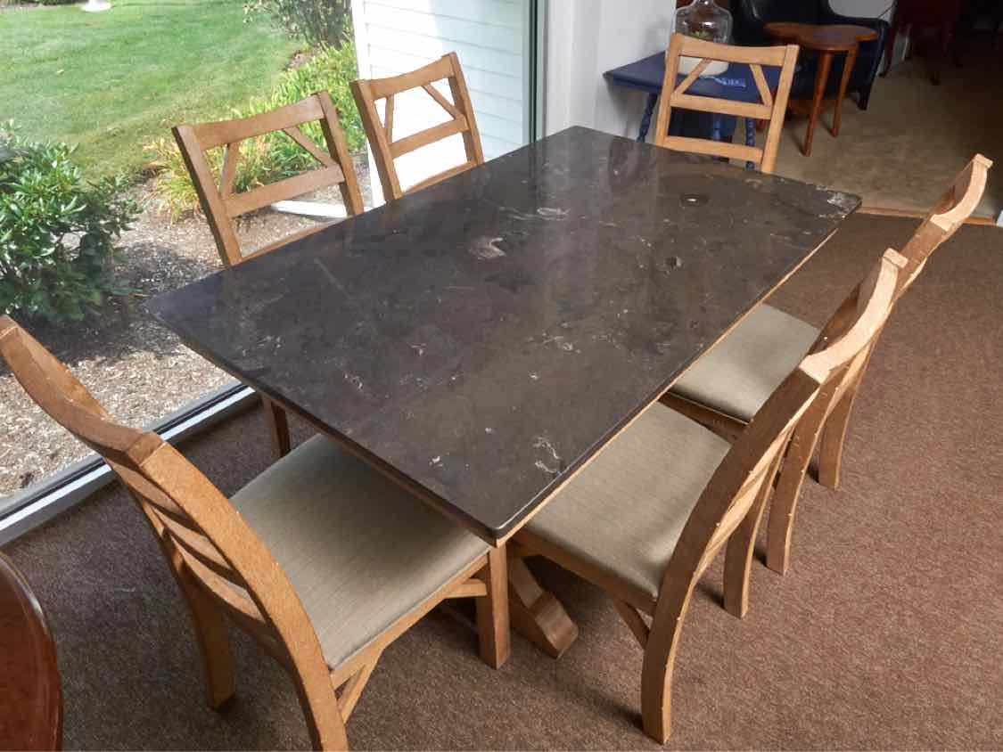 Beachwood Trestle Table Black Quartz Top & 6 Chair Set