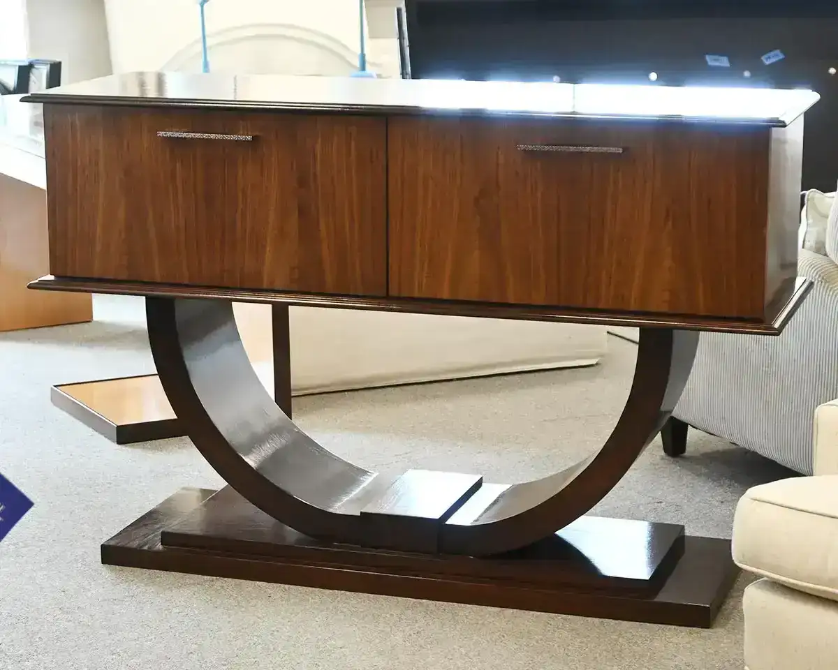  Lacquered Top Walnut Bar/Server w/ Sculptural Base and Drop Front Cabinets 