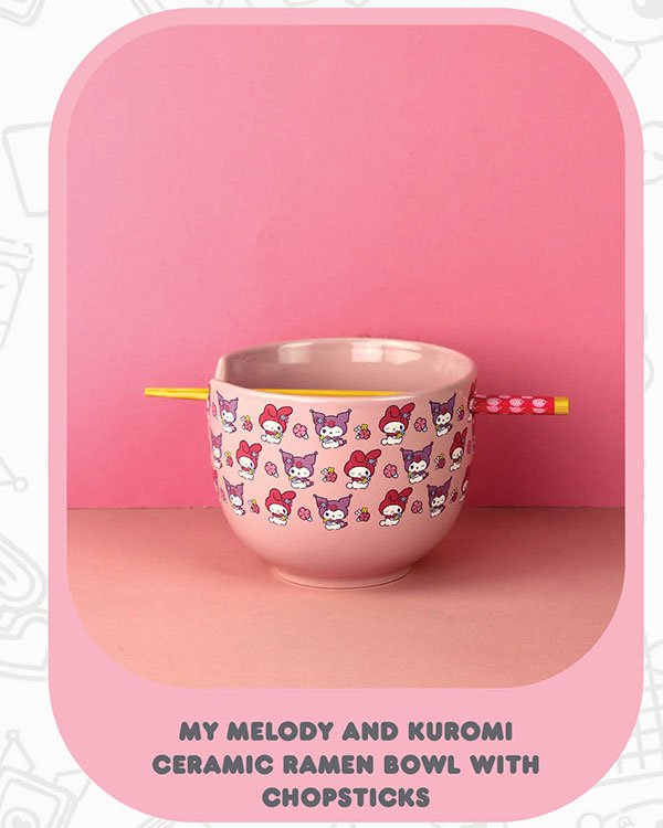 My Melody And Kuromi Pastel Floral Pattern Ceramic Ramen Bowl with Chopsticks