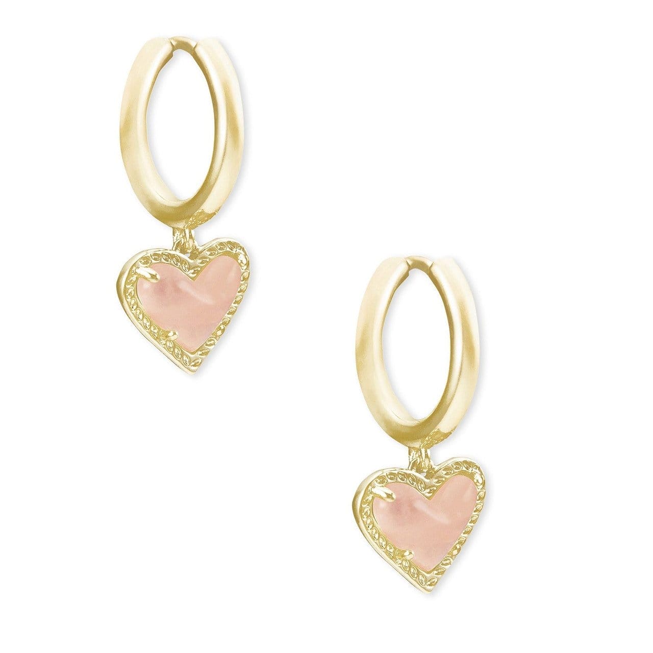 Image of Kendra Scott Ari Heart Huggie Earrings in Gold Rose Quartz