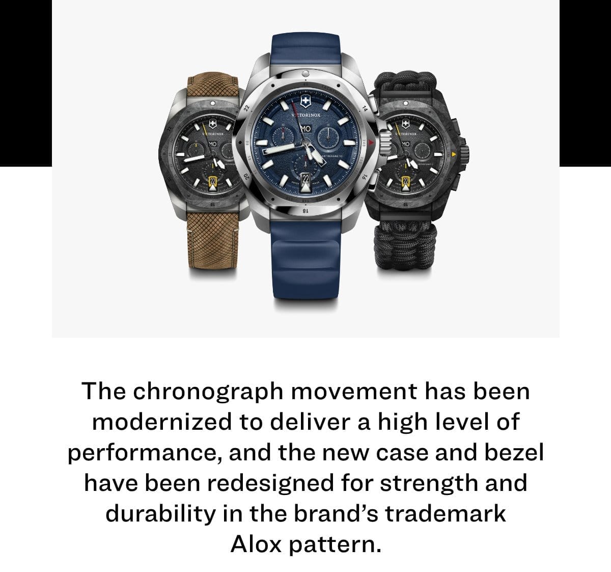  The chronograph movement has been modernized to deliver a high level of performance, and the new case and bezel have been redesigned for strength and durability in the brand’s trademark Alox pattern.