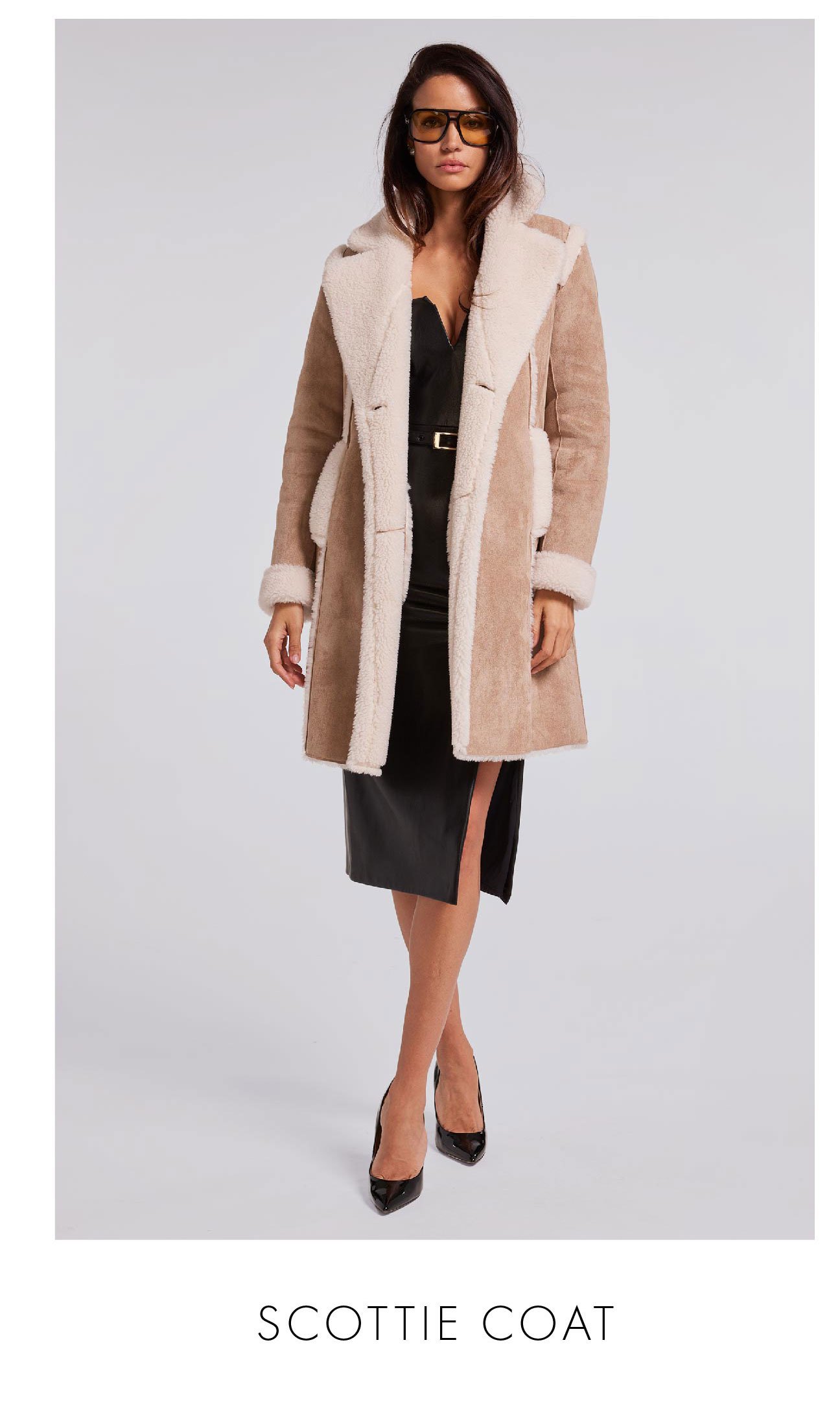 Scottie Faux Suede Shearling Coat - Taupe/White >> Shop Now