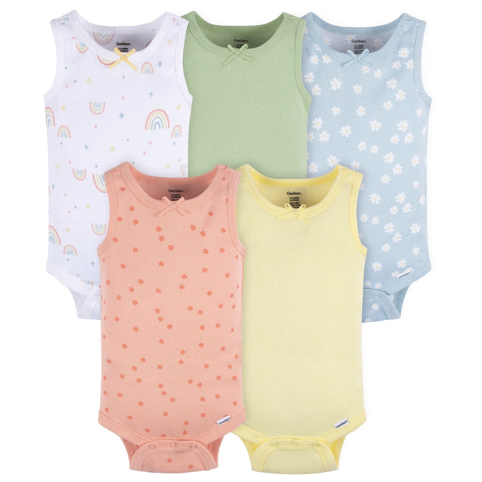 Image of 5-Pack Baby Girls Flowers & Rainbows Sleeveless Onesies® Bodysuits