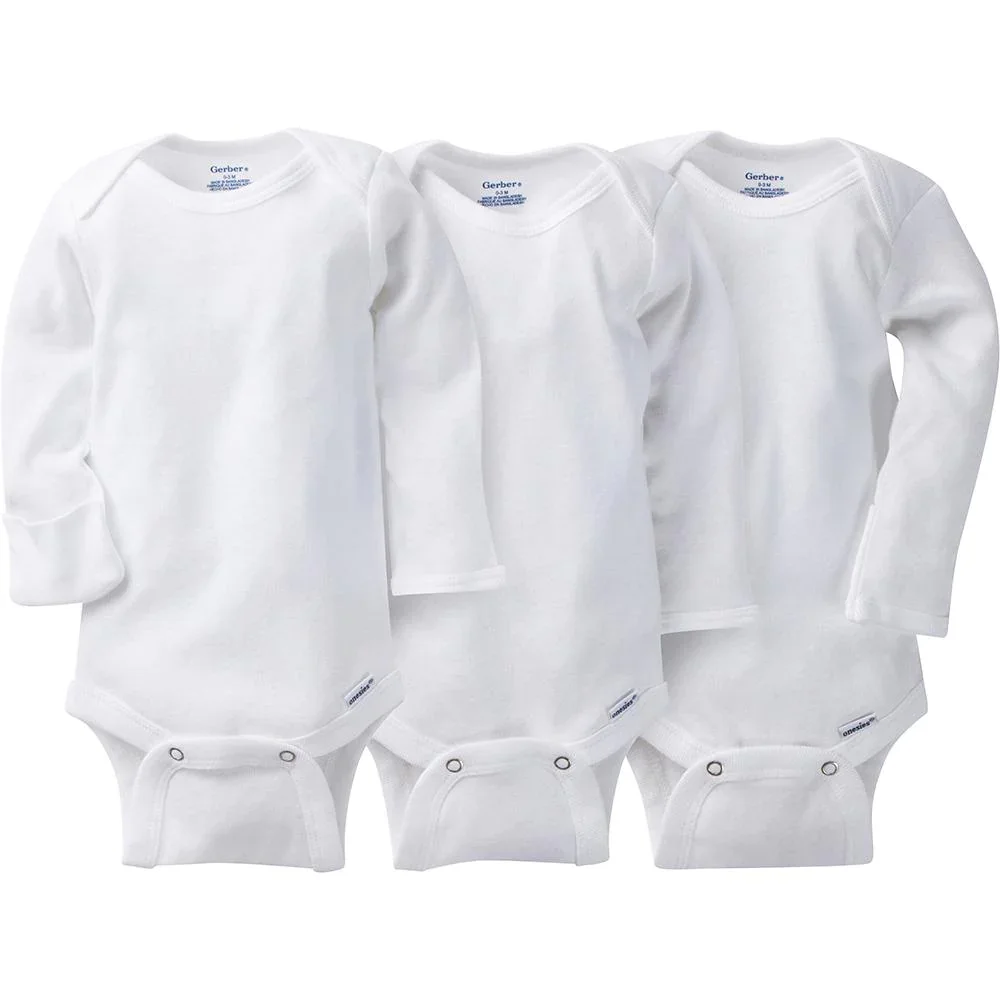Image of 3-Pack White Long Sleeve Onesies® Bodysuits with Mitten Cuffs