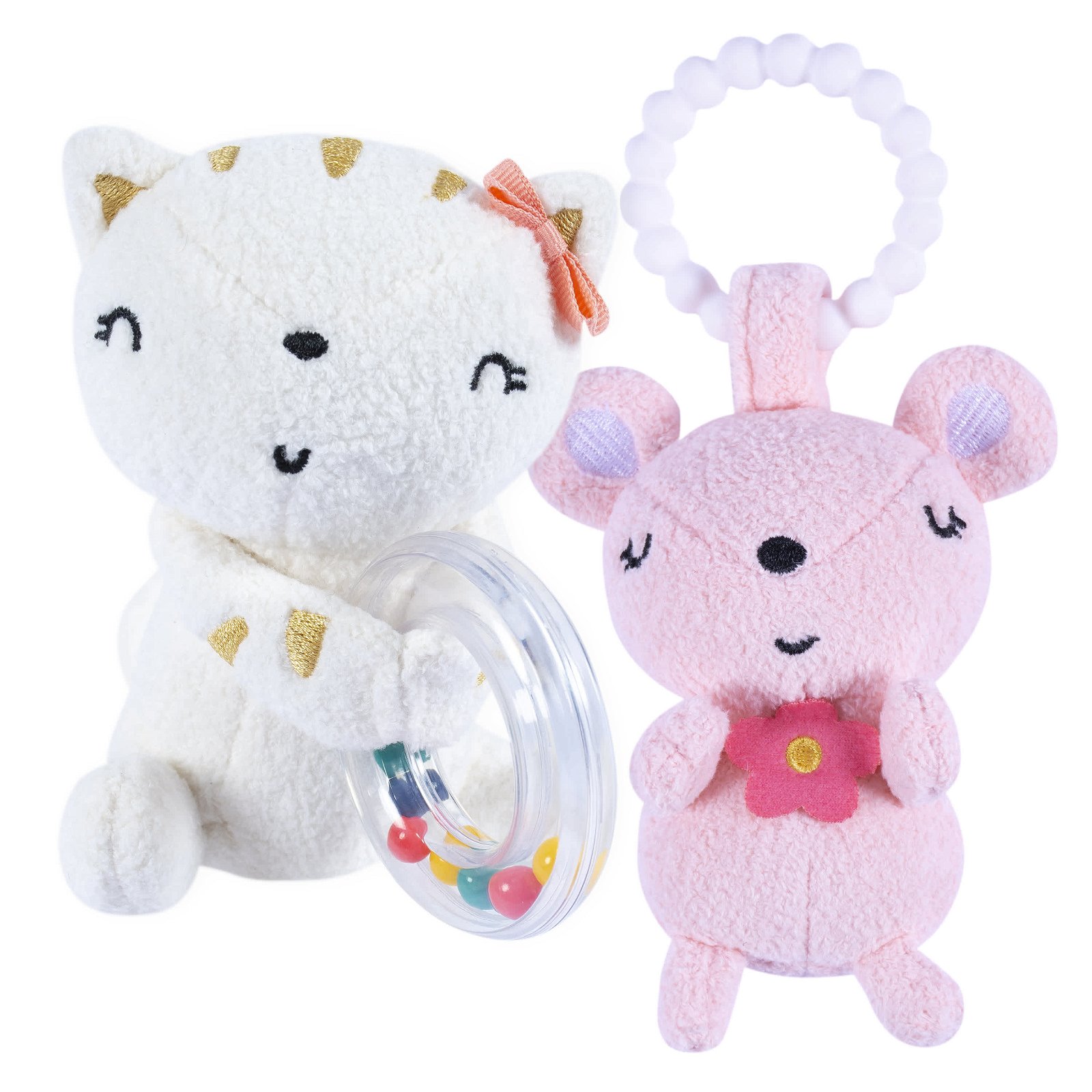 Image of 2-Piece Baby Girls Cat & Mouse Rattle and Teether Set