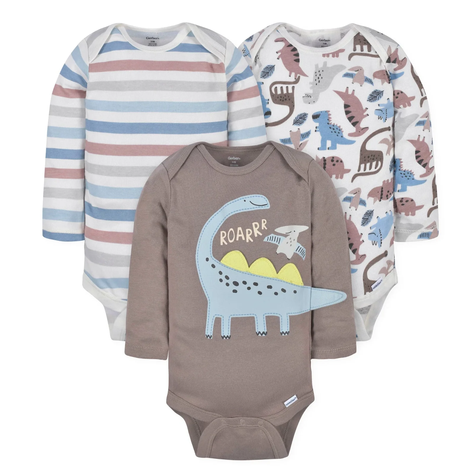 Image of 3-Pack Baby Boys Dino Long Sleeve Onesies® Bodysuits