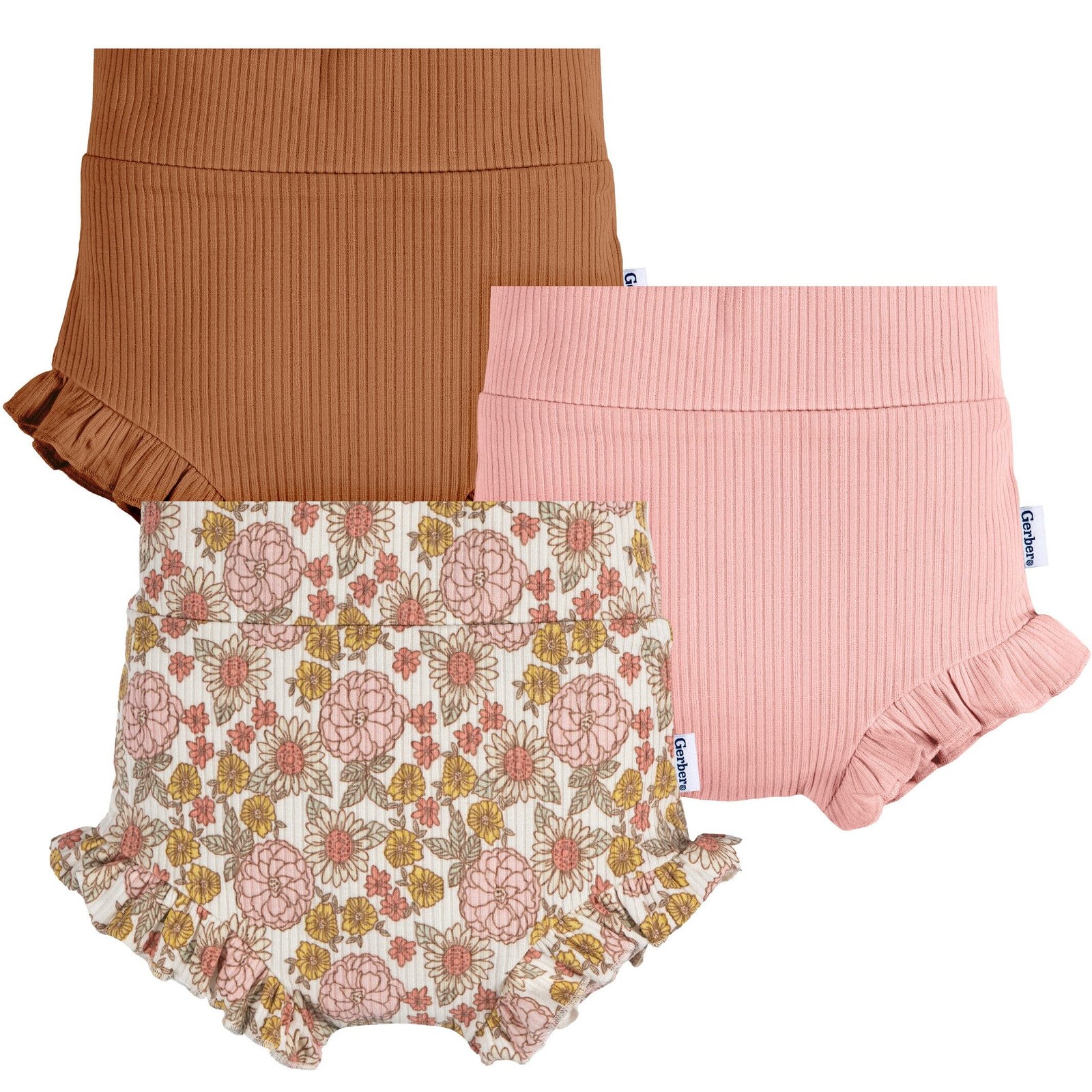 Image of 3-Pack Baby Girls Brown, Pink, & Garden Floral Bloomer Shorts