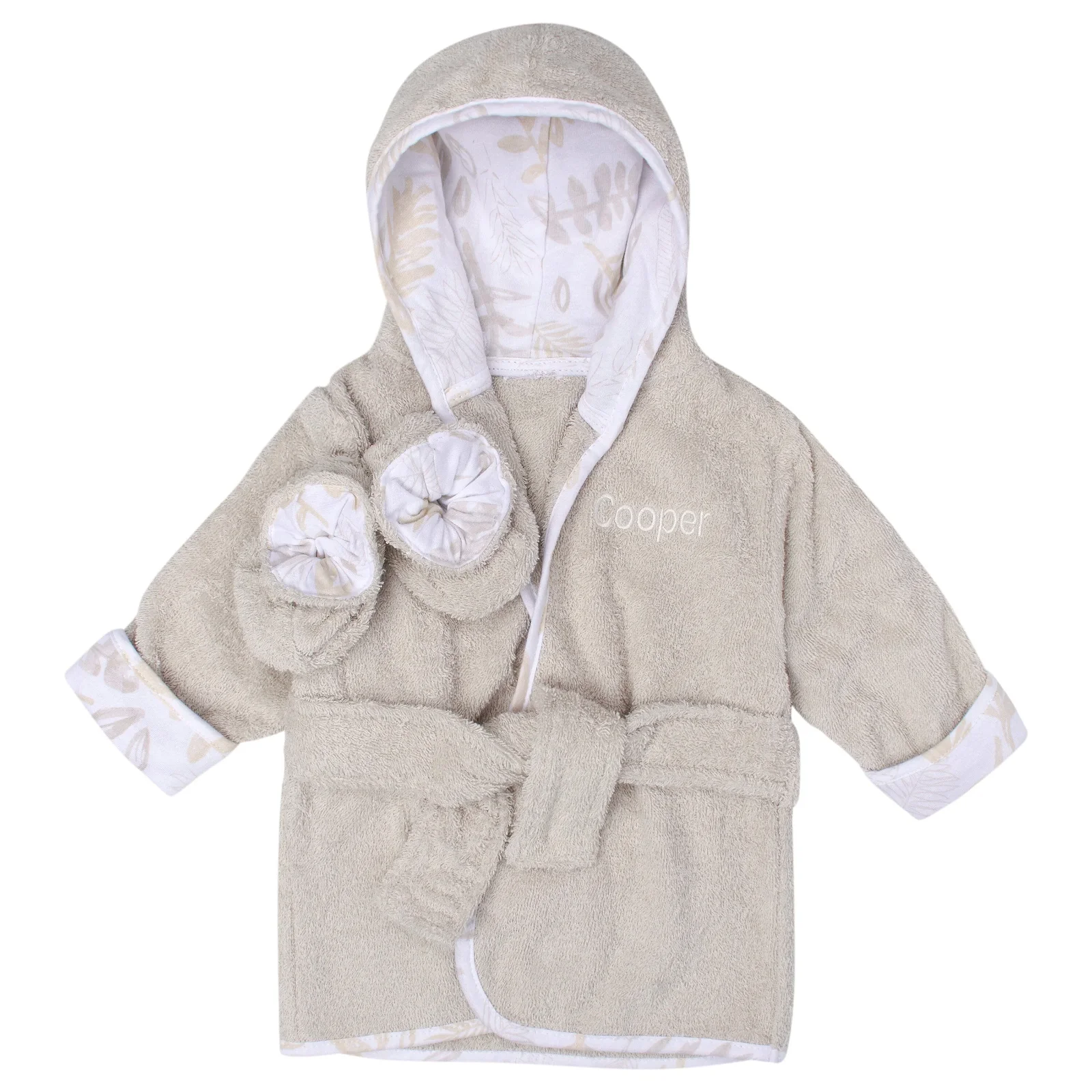 Image of Embroidered 2-Piece Baby Neutral Natural Leaves Bathrobe & Booties Set (0-9M)