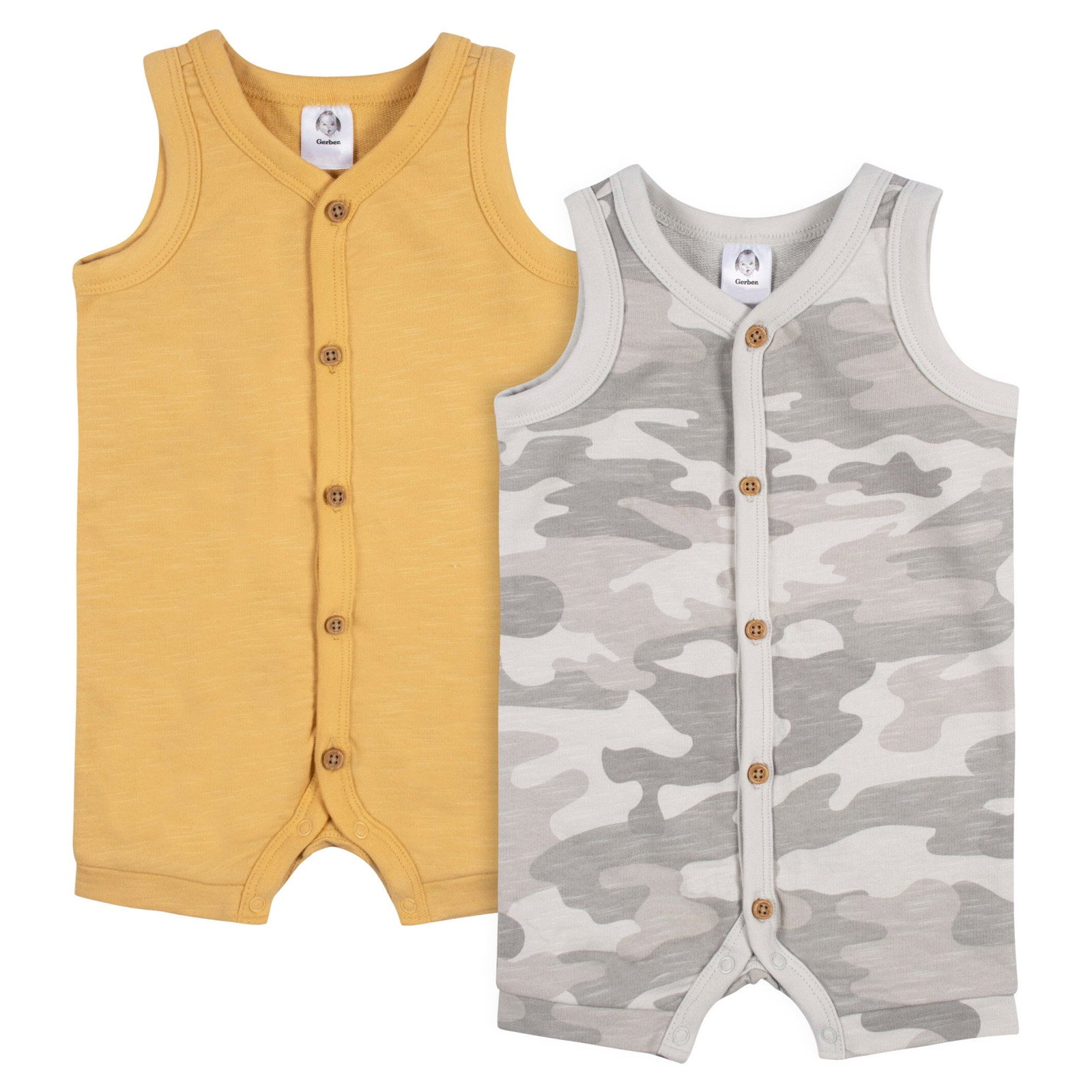 Image of 2-Pack Baby Boys Camo & Yellow Short Leg Sleeveless Romper