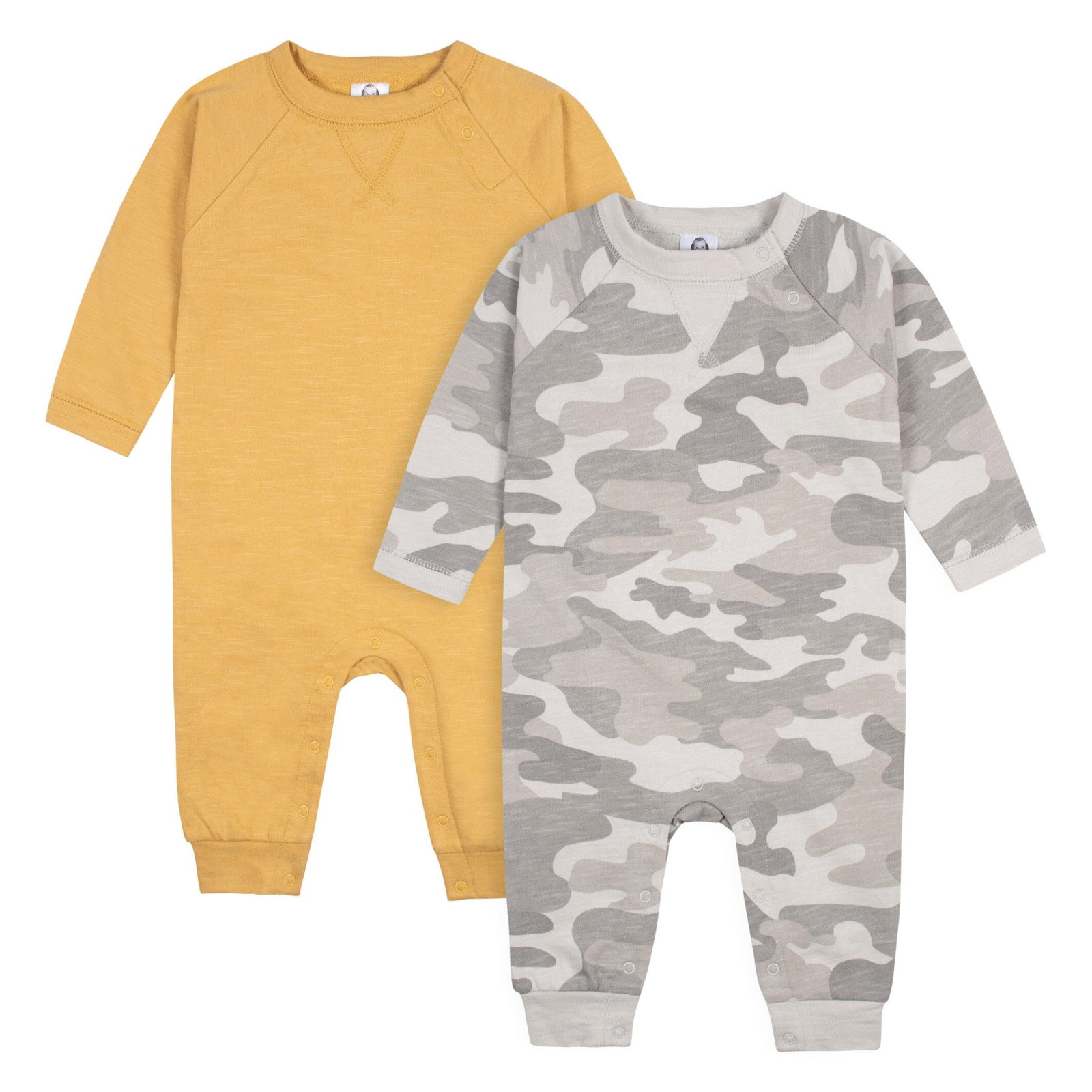 Image of 2-Pack Baby Boys Gray Camo & Yellow Raglan Sleeve Romper