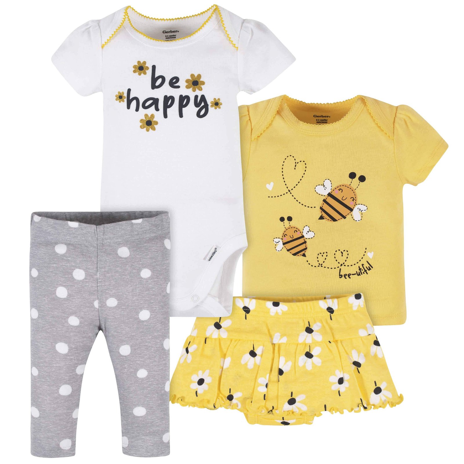 Image of 4-Piece Baby Girls Bee Garden Onesies® Bodysuit, Tee, Skort & Pant Set