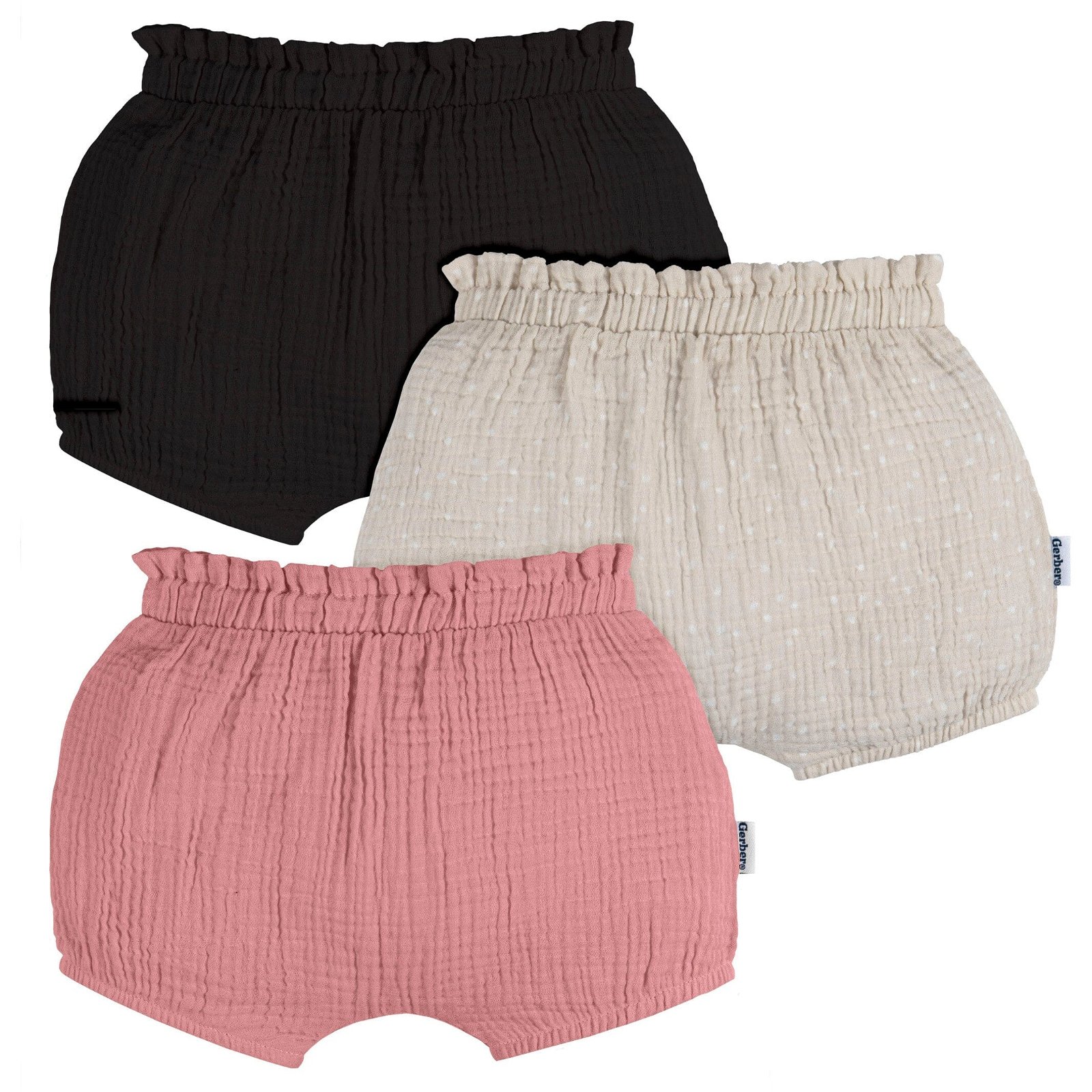 Image of 3-Pack Baby Girls Black, Tan Dot & Pink Gauze Bubble Shorts