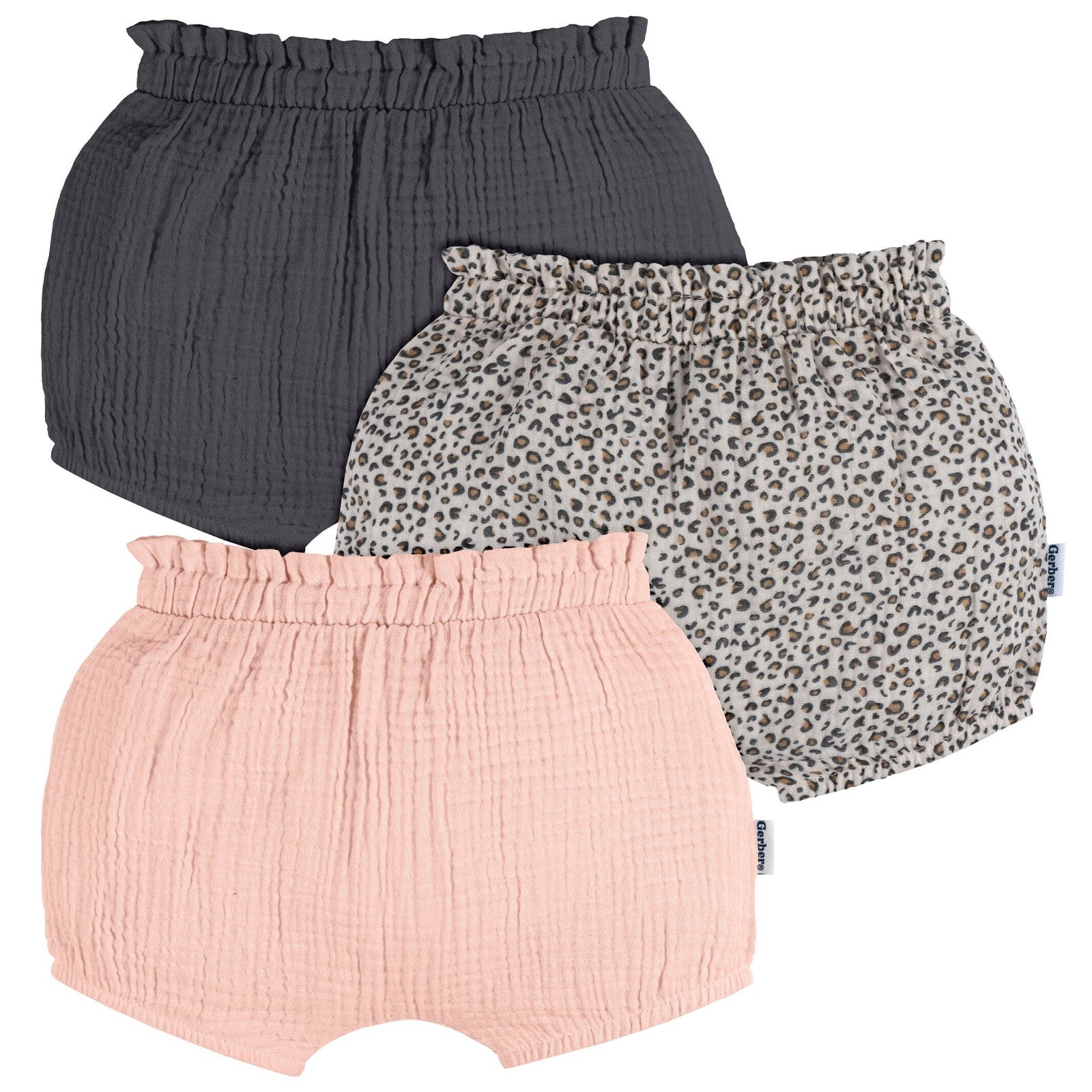 Image of 3-Pack Baby Girls Grey, Leopard, & Pink Gauze Bubble Shorts