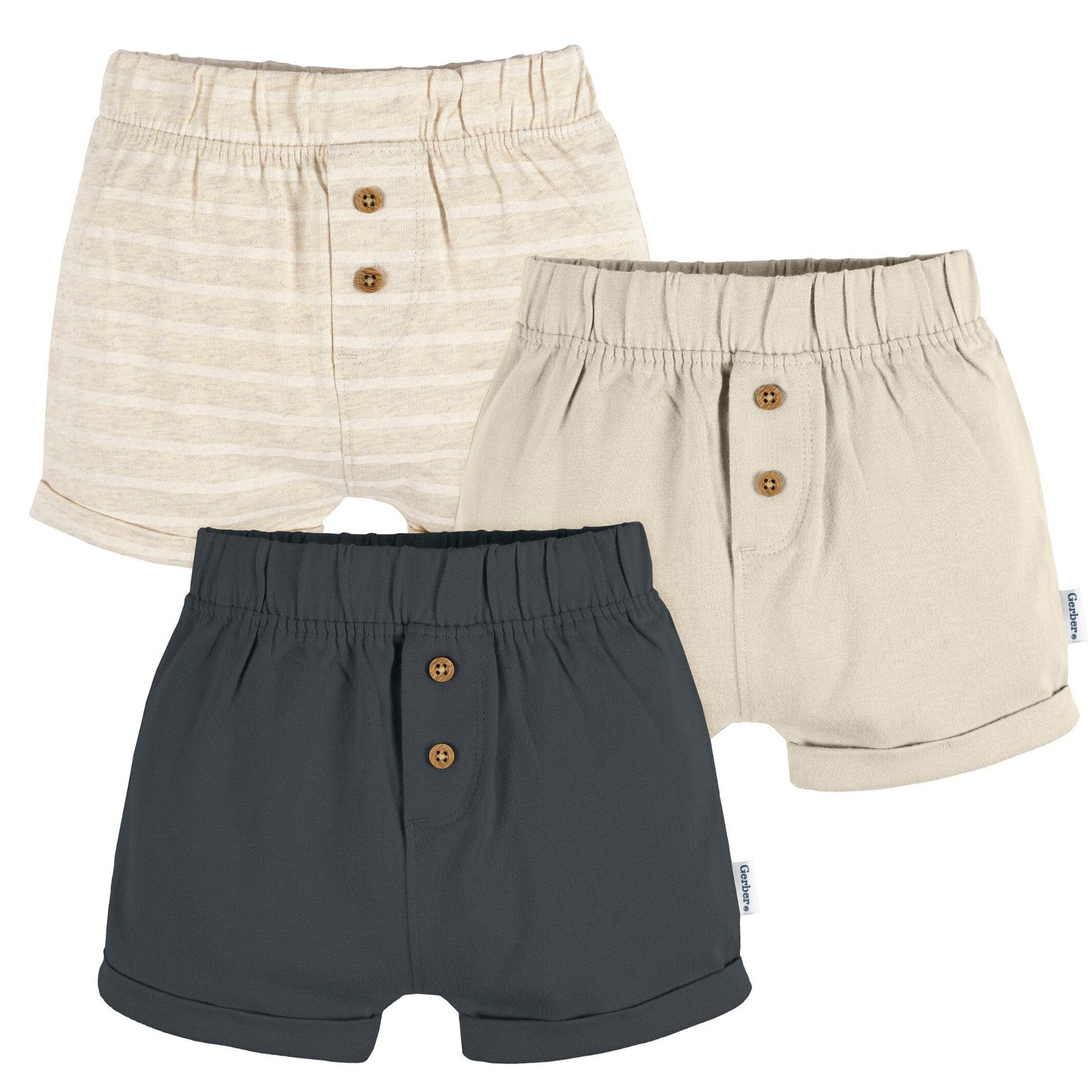 Image of 3-Pack Baby Neutral Tan Stripe, Tan, & Grey Knit Shorts