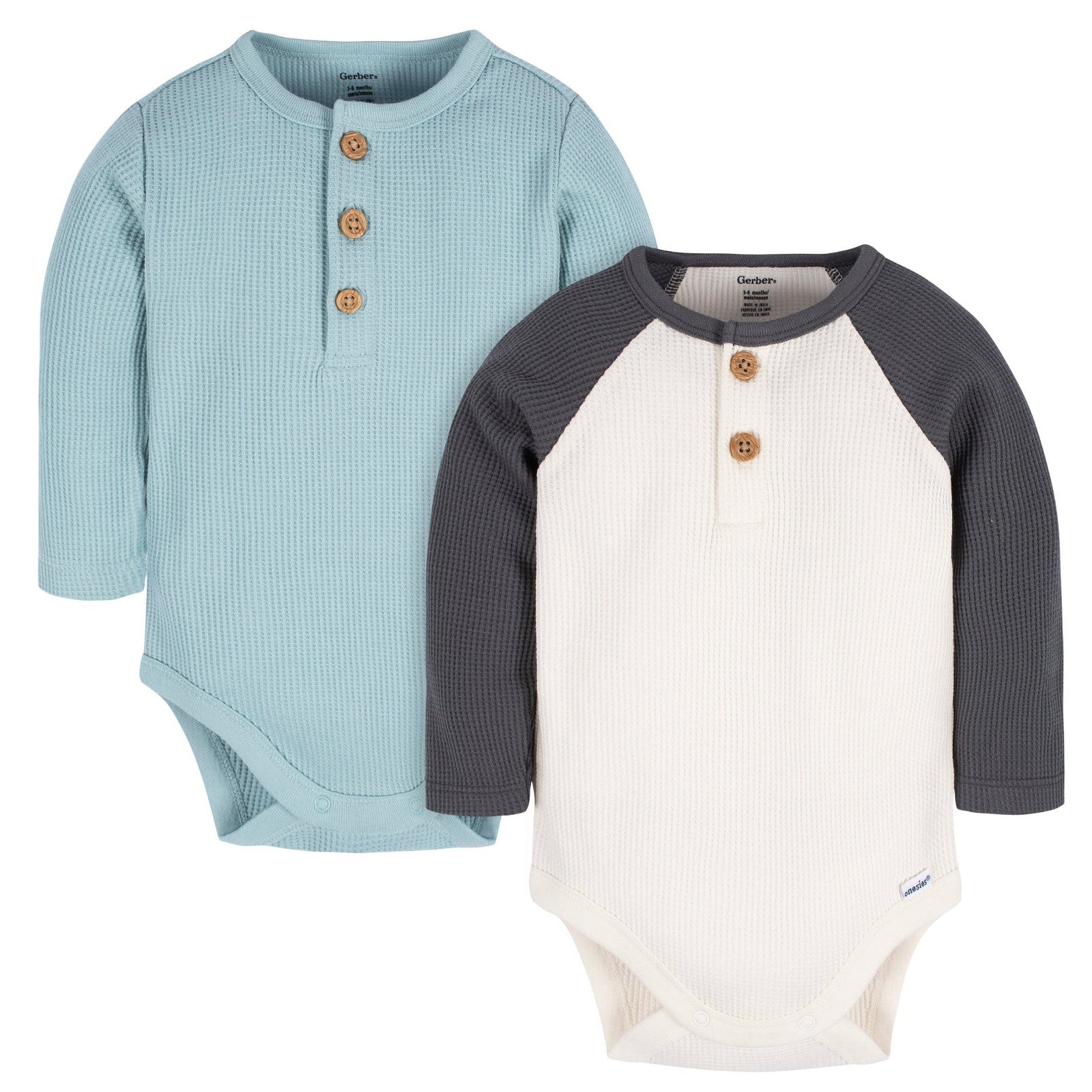 Image of 2-Pack Baby Boys Blue & Ivory Long Sleeve Henley Onesies® Bodysuits