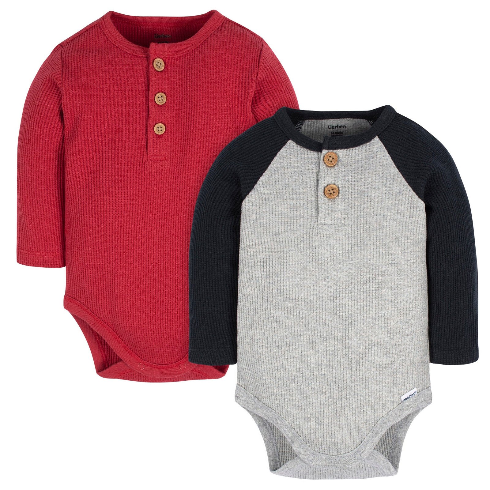 Image of 2-Pack Baby Boys Red & Heather Gray Long Sleeve Henley Onesies® Bodysuits