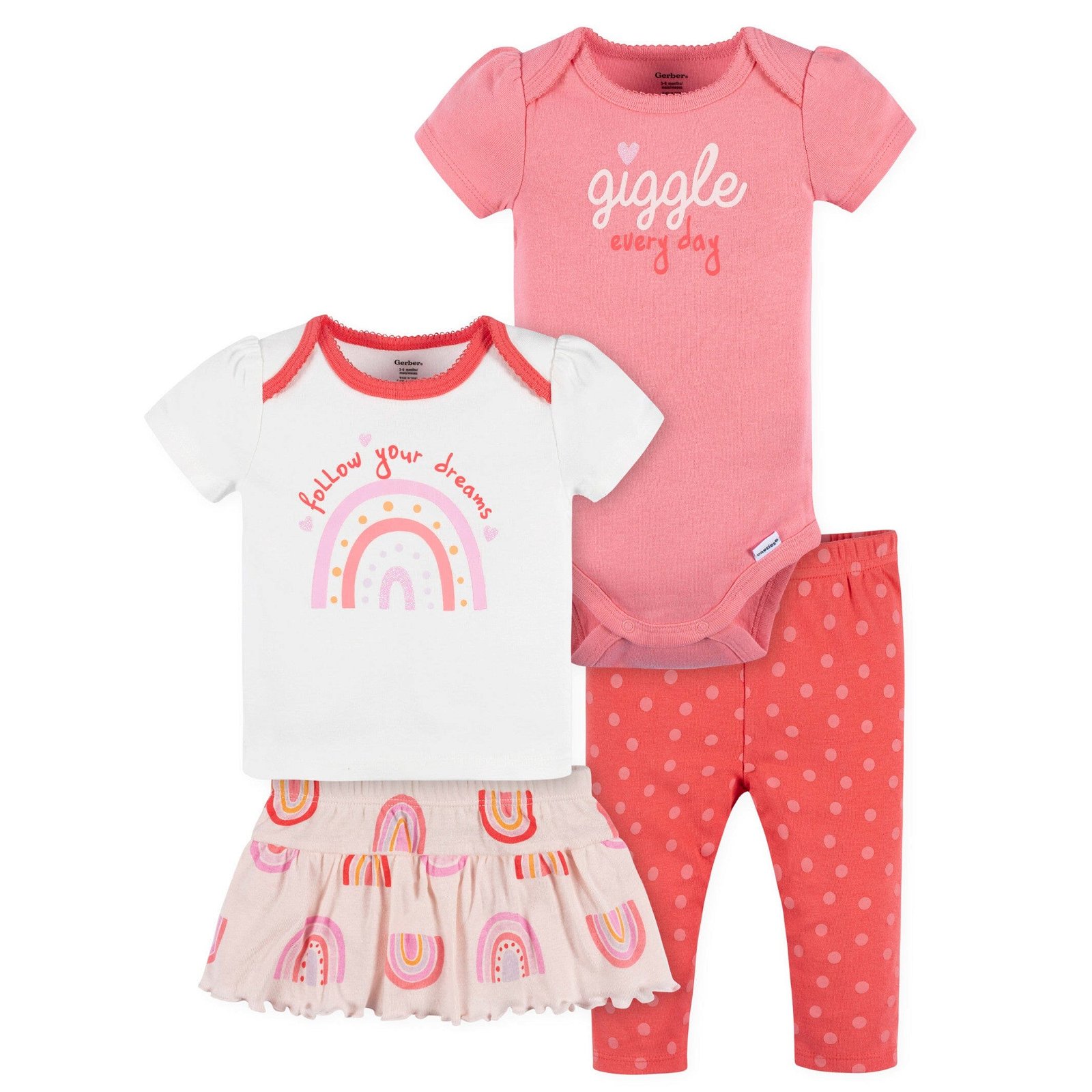 Image of 4-Piece Baby Girls Rainbow Dreams Onesies® Bodysuit, Tee, Skort & Pant Set