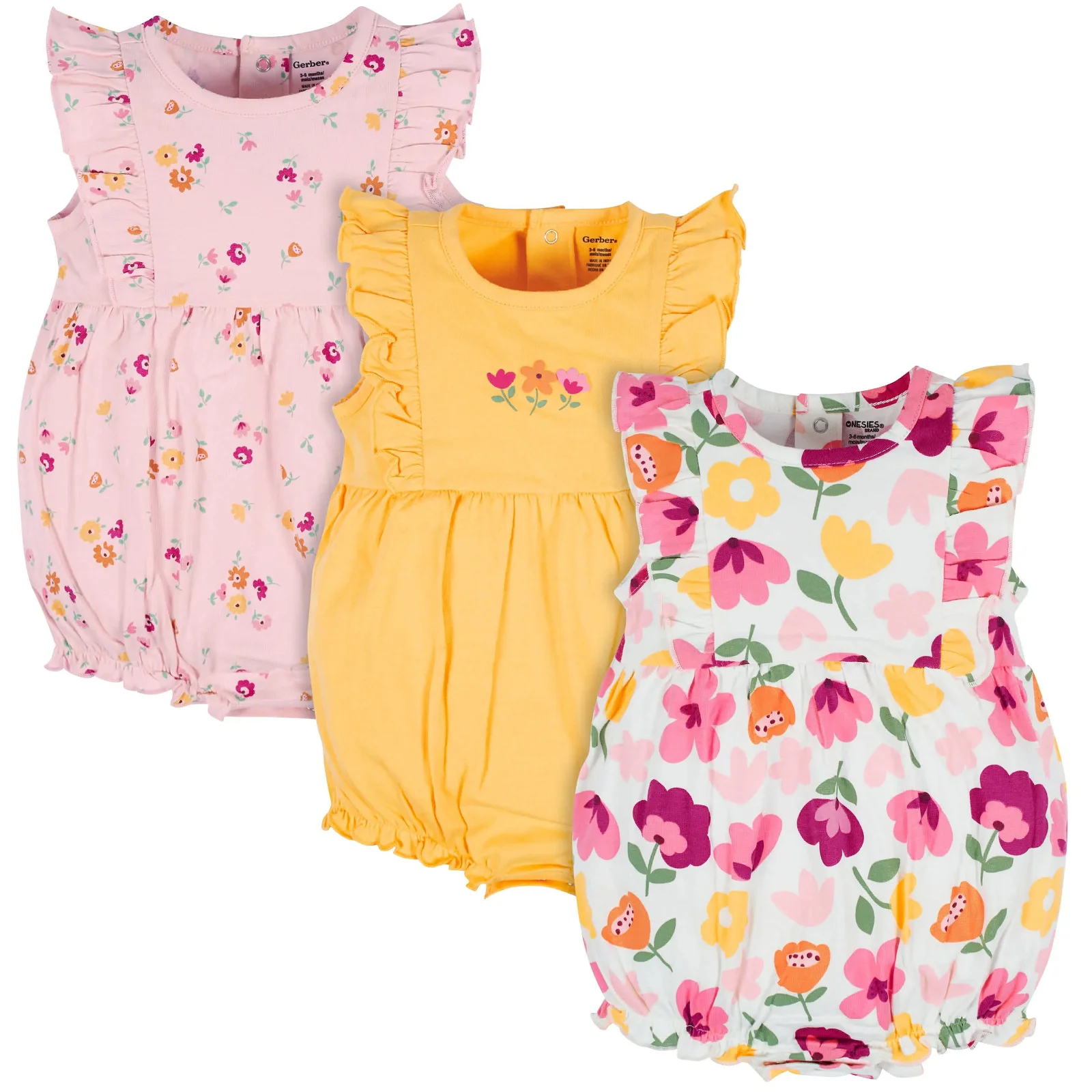 Image of 3-Pack Baby Girls Floral Fox Rompers