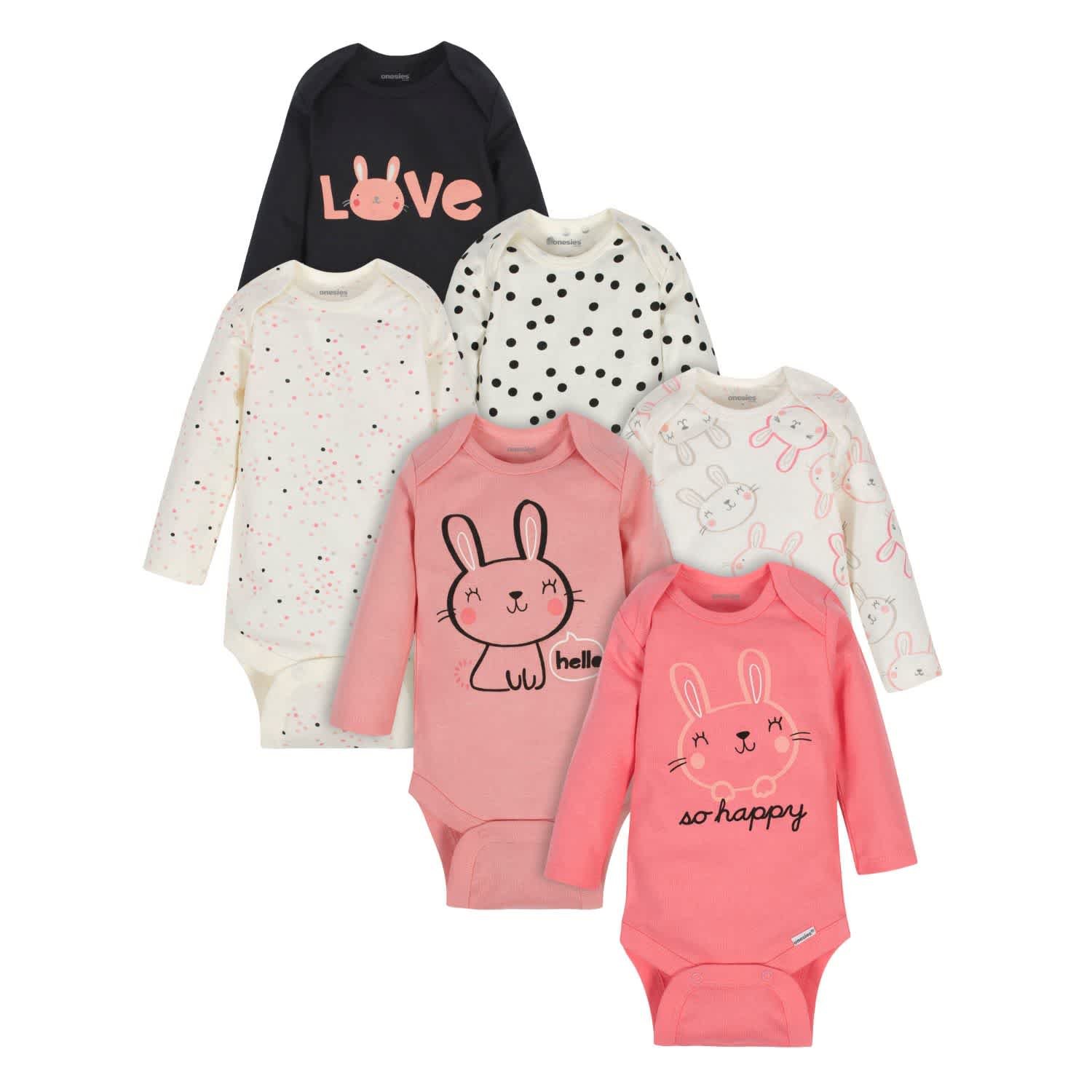 Image of 6-Pack Baby Girls Bunny Long Sleeve Onesies® Brand Bodysuits