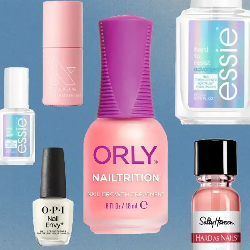 best nail strengtheners collage featuring essie, Orly, OPI, Sally Hansen, Olive & June