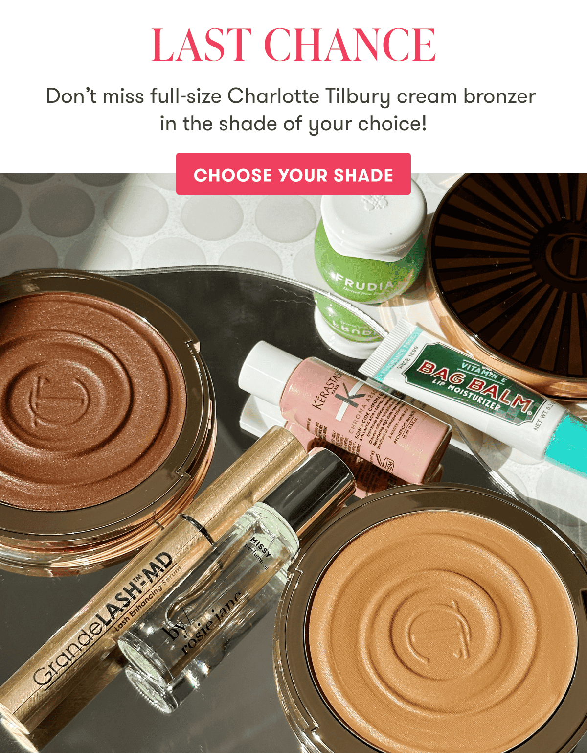 Last Chance. Don’t miss full-size Charlotte Tilbury cream bronzer in the shade of your choice!Choose your shade. a photo of featured allure beauty box products.