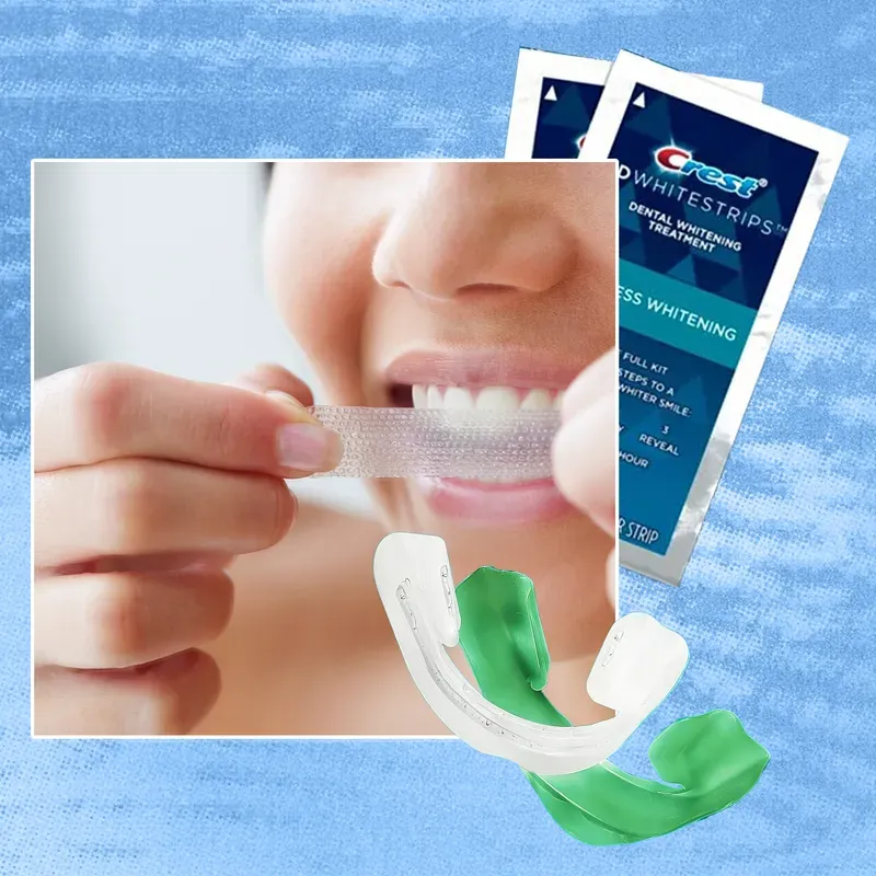 Best teeth whitening strips featuring a woman using a teeth whitening strip