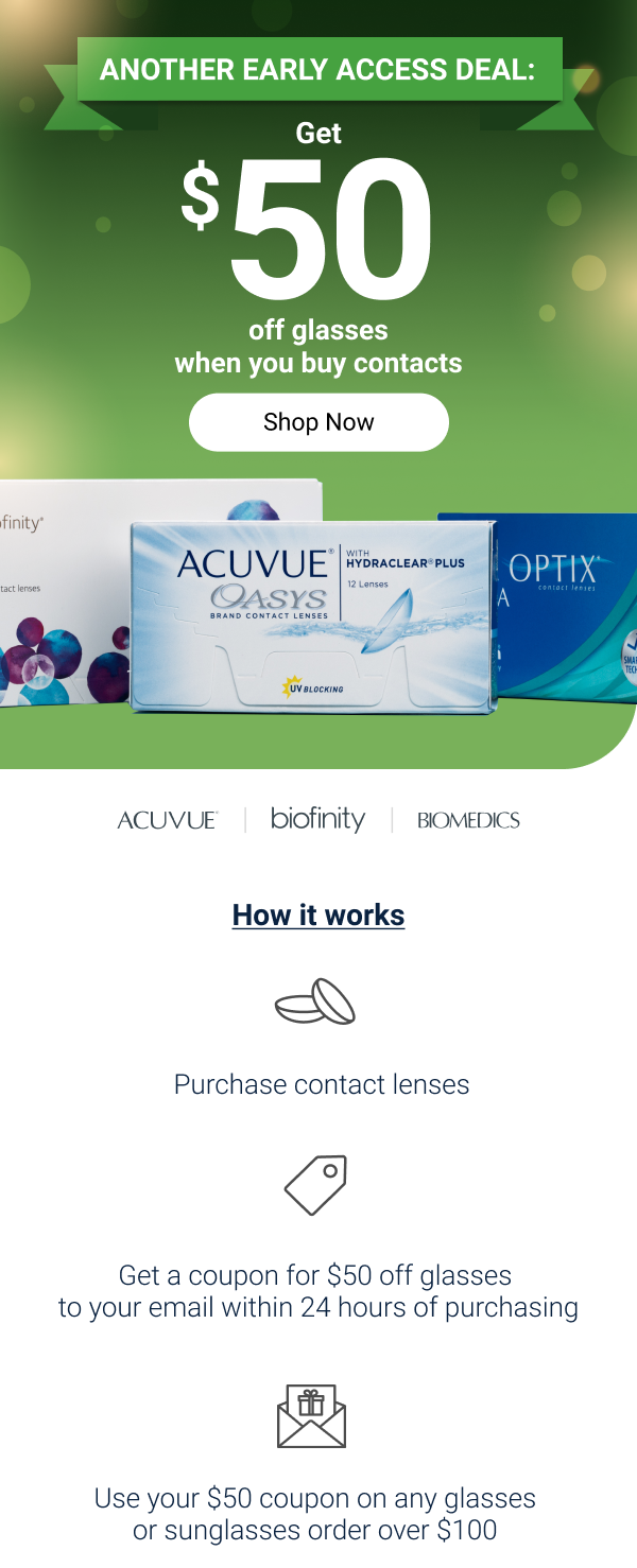 \\$50 OFF glasses when you buy contacts