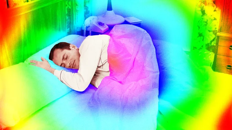 A collage of a person sleeping in bed with a rainbow gradient surround them