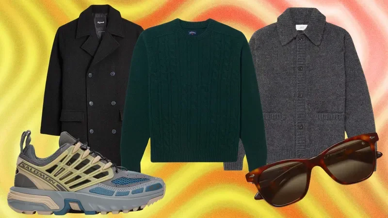 a sneaker, an overcoat, a crewneck sweater, a button cardigan, and a pair of sunglasses