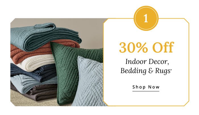 30% Off Indoor Décor, Bedding & Rugs