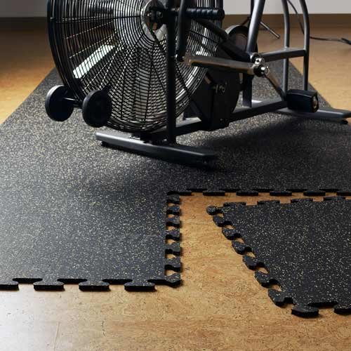 light gray fleck rubber tile install under exercise bike