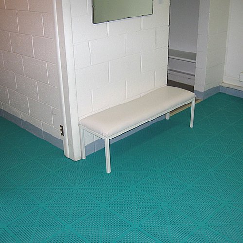 teal softflex tile under bench in locker room