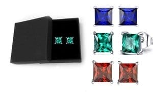 Valentine's Day Sterling Silver Emerald, Sapphire, or Ruby Princess Cut Studs