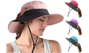 Womens UV Protection Hat Foldable Wide Brim Ponytail Sun Hats