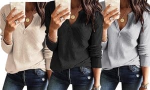 LESIES Women's Long Sleeve or Tank Top Waffle Knit Tunic Henley Tops (S-2X)