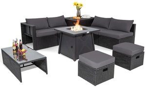 Costway 9PCS Patio Rattan Furniture Set Fire Pit Space-saving W/Cover Cushion