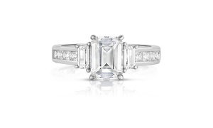 Tri Stone Emerald Cut Engagement Ring in 18k White Gold