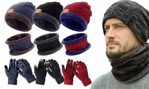 Men's Winter Warm Knit Beanie Hat Scarf Set with Warm Gloves 