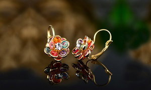 Flower Shaped Leverback Drop Earrings Made with Swarovski Crystals 